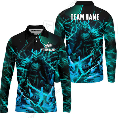 Custom Bowling Jersey Polo Shirt, Fiery Samurai Strike, Custom Bowling Jersey Team Shirt For Players With Name & Team Name