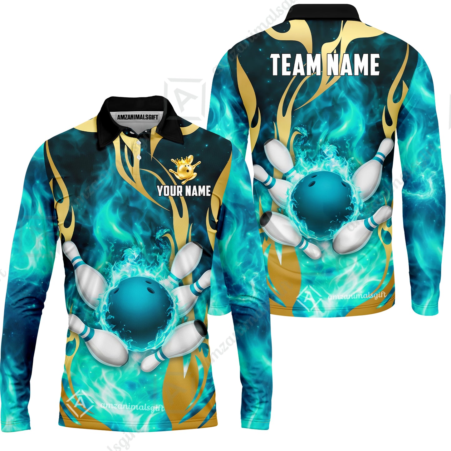 Custom Bowling Jersey Polo Shirt, Abyssal Fire & Golden Flames, Custom Bowling Jersey Team Shirt For Players With Name & Team Name