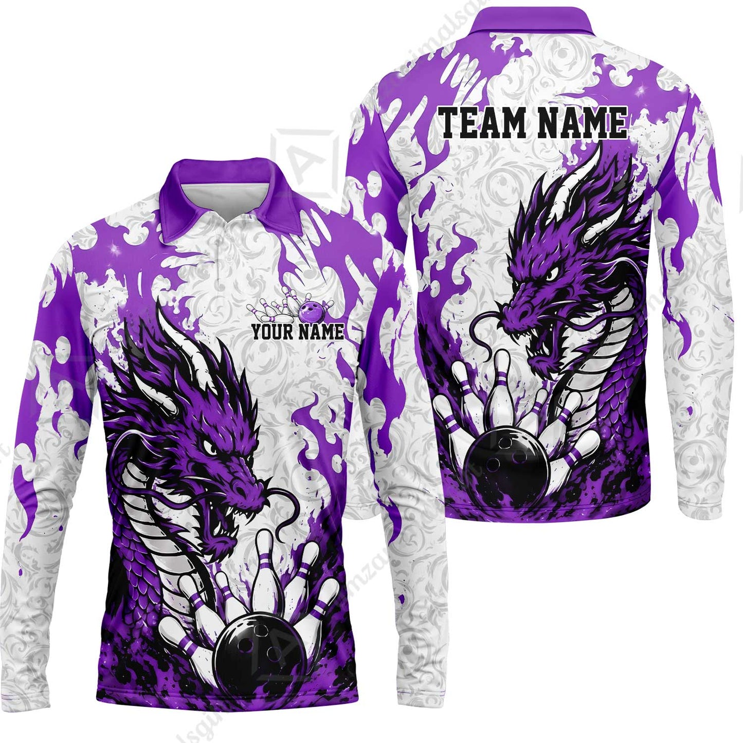 Custom Bowling Jersey Polo Shirt, Fierce Crimson Fire Dragon Strike, Custom Bowling Jersey Team Shirt For Players With Name and Team Name