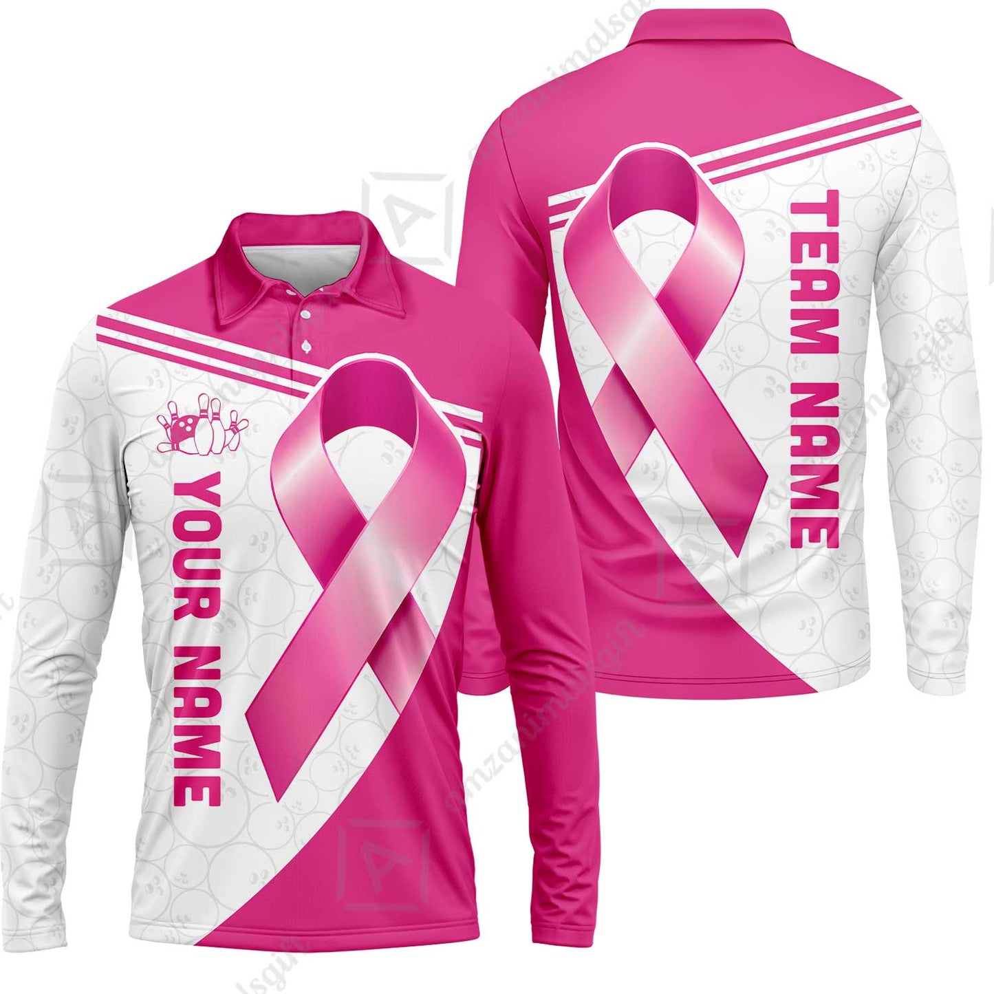 Custom Bowling Jersey Polo Shirt, Bowling Awareness Ribbon, Personalized Name And Team Name