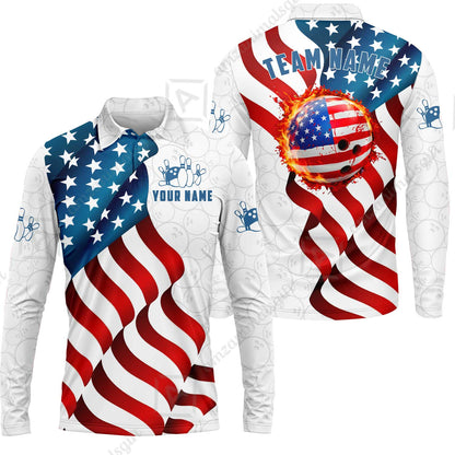 Custom Bowling Jersey Polo Shirt, Patriotic Waving USA Flag Fireball, Custom Bowling Jersey Team Shirt For Players With Name and Team Name