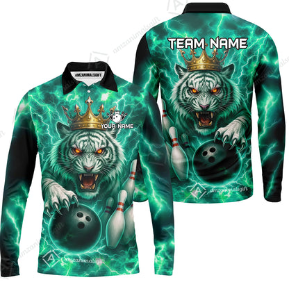 Custom Bowling Team Quarter-Zip Polo Shirt, Bowling White Tiger Lighting Shirt, Personalized Team Shirt with Custom Name