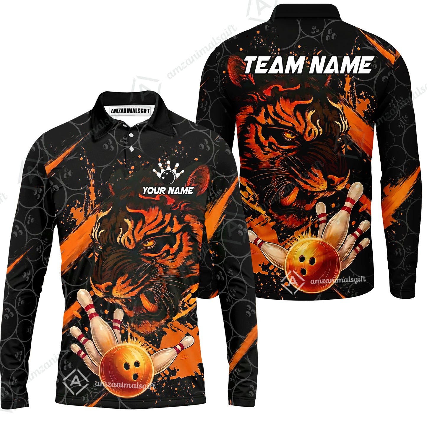 Customized Bowling Unisex Polo Shirt, Tiger Ball Striking Pins, Bowling Uniforms, Personalized Name And Team Name