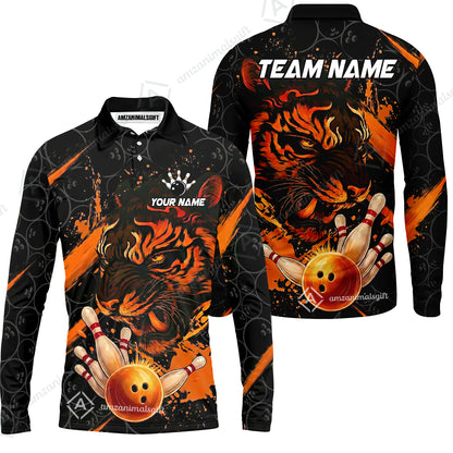 Customized Bowling Unisex Polo Shirt, Tiger Ball Striking Pins, Bowling Uniforms, Personalized Name And Team Name