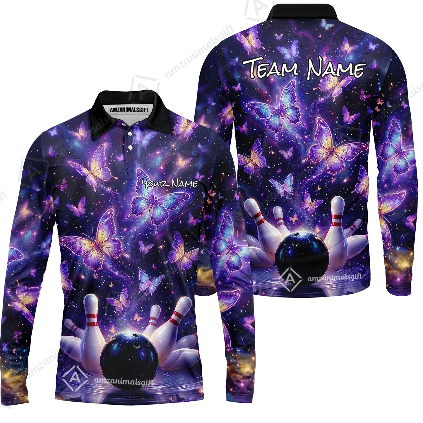 Custom Bowling Jersey Polo Shirt, Galaxy Butterfly Aesthetic Bowling, Custom Bowling Jersey Team Shirt For Players With Name & Team Name