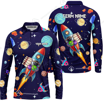 Custom Bowling Jersey Polo Shirt, Rockets Into Space, Custom Bowling Jersey Team Shirt For Players With Name and Team Name