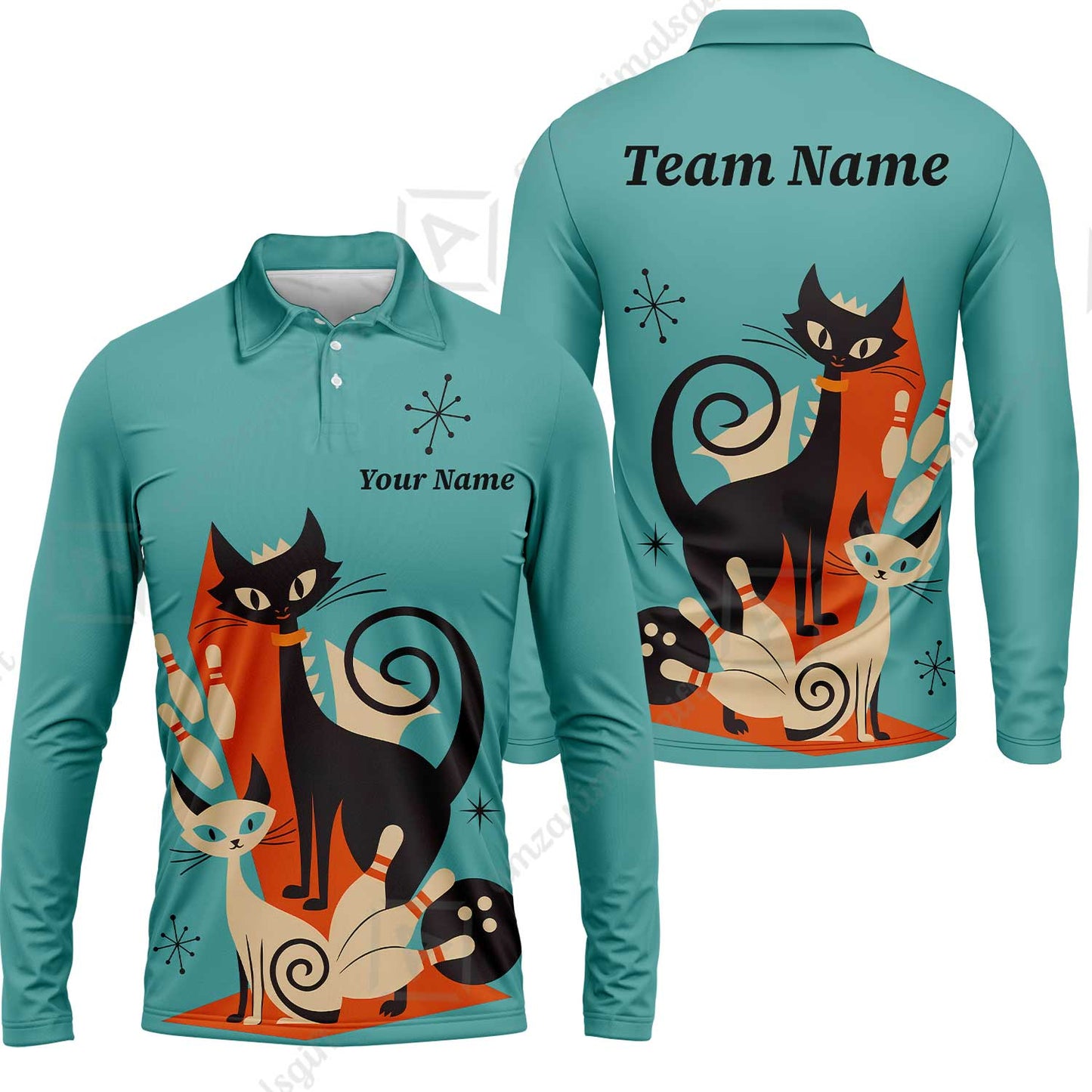 Custom Bowling Jersey Polo Shirt, Retro Cats, Custom Bowling Jersey Team Shirt For Players With Name & Team Name