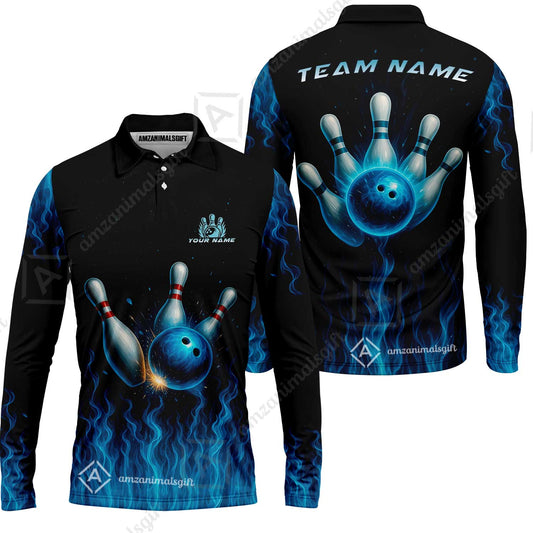 Customized Bowling Long Sleeve Polo Shirt, Intense Blue Flame Strike Long Polo Shirt For Bowling Team, Bowlers