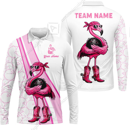 Custom Bowling Jersey Polo Shirt, Cowgirl Flamingo Bowling Custom Bowling Jersey Team Shirt For Players With Name & Team Name