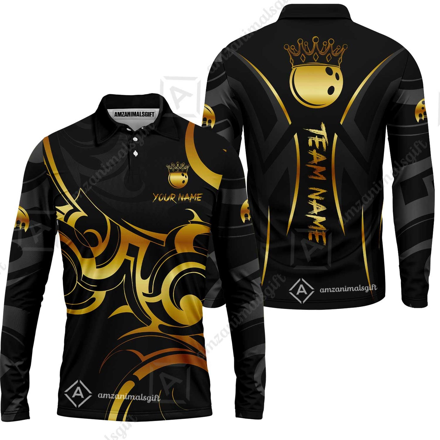 Customized Bowling Team Long Sleeve Polo Shirt, Bowling Swirling Fire Flames Gold And Black Style Long Sleeve Polo Shirt