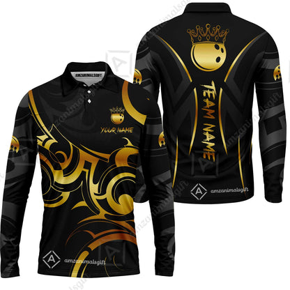 Customized Bowling Team Long Sleeve Polo Shirt, Bowling Swirling Fire Flames Gold And Black Style Long Sleeve Polo Shirt