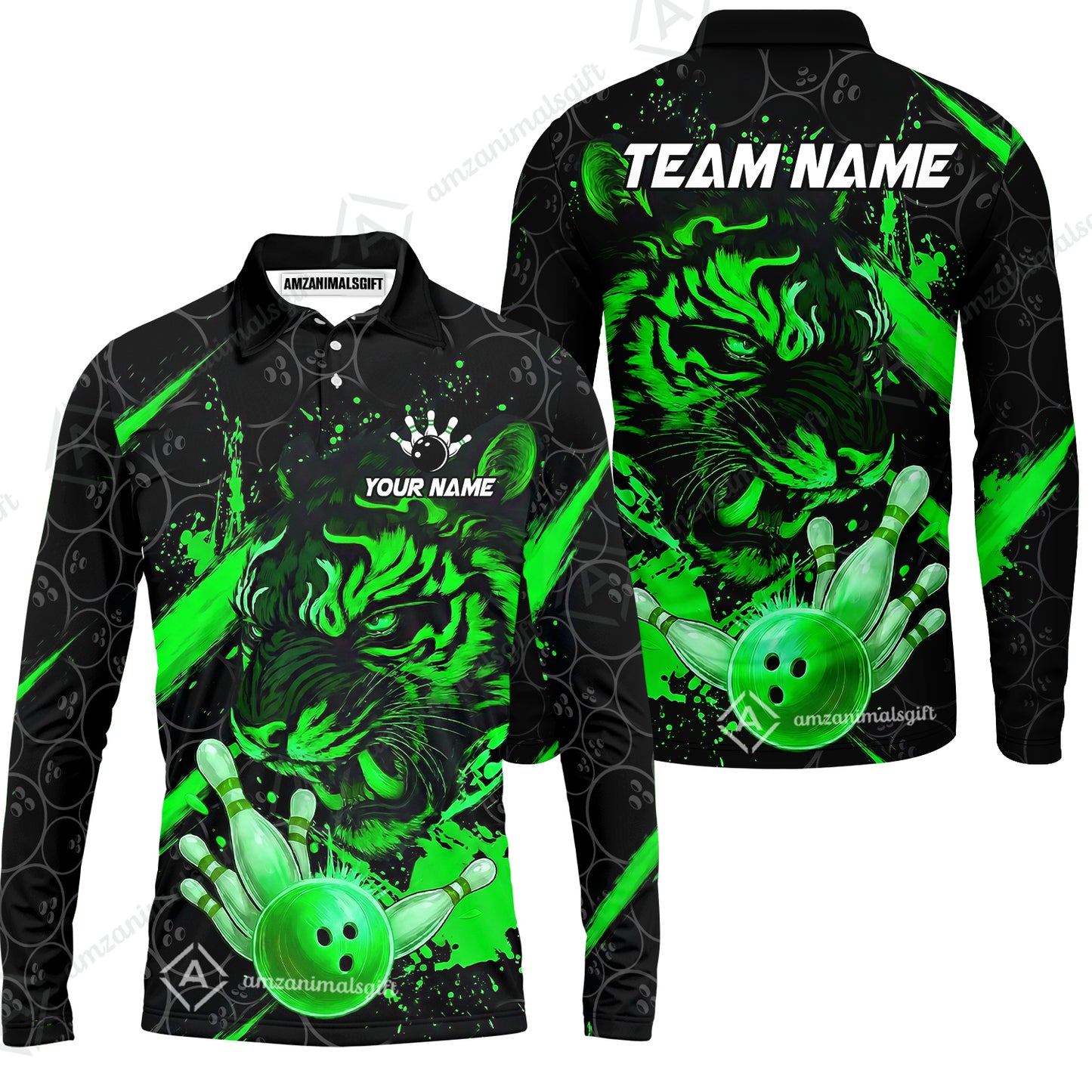 Customized Bowling Unisex Polo Shirt, Tiger Ball Striking Pins, Bowling Uniforms, Personalized Name And Team Name