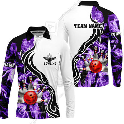 Customized Bowling Unisex Polo Shirt, Bowling And Pins Purple Smoke Pattern Customized Name And Team Polo Jerseys Shirts