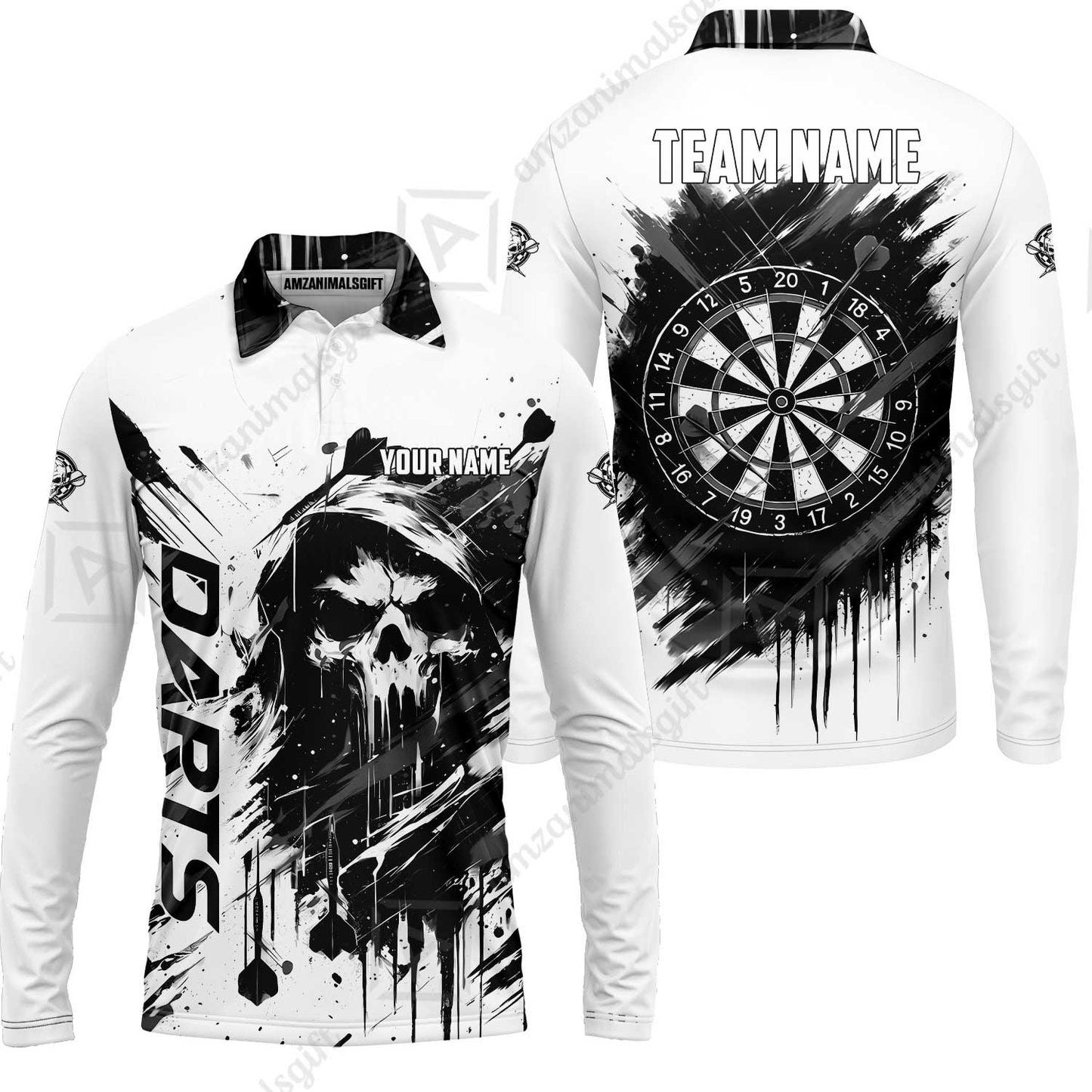 Custom Darts Jersey Polo Shirt, Grim Reaper Sketch Splatter, Custom Dart Jersey Team Shirt For Players With Name & Team Name