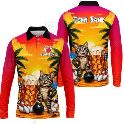 Custom Bowling Jersey Polo Shirt, Beer & Bowling Cat, Custom Bowling Jersey Team Shirt For Players With Name and Team Name