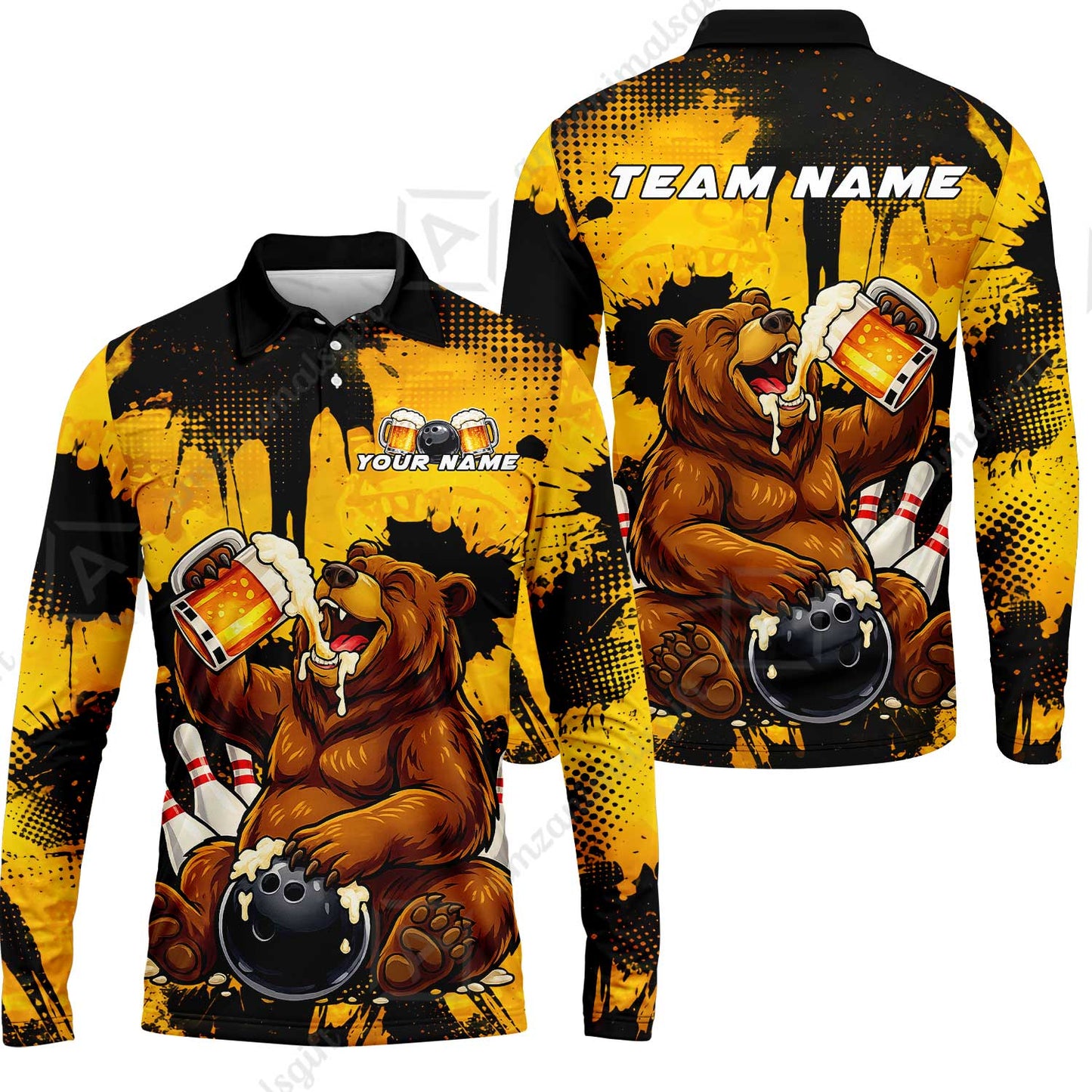 Custom Bowling Jersey Polo Shirt, Grizzly Bear Bowling Custom Bowling Jersey Team Shirt For Players With Name & Team Name