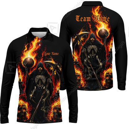 Custom Bowling Jersey Polo Shirt, Hellfire Grim Reaper, Personalize Name and Team Name