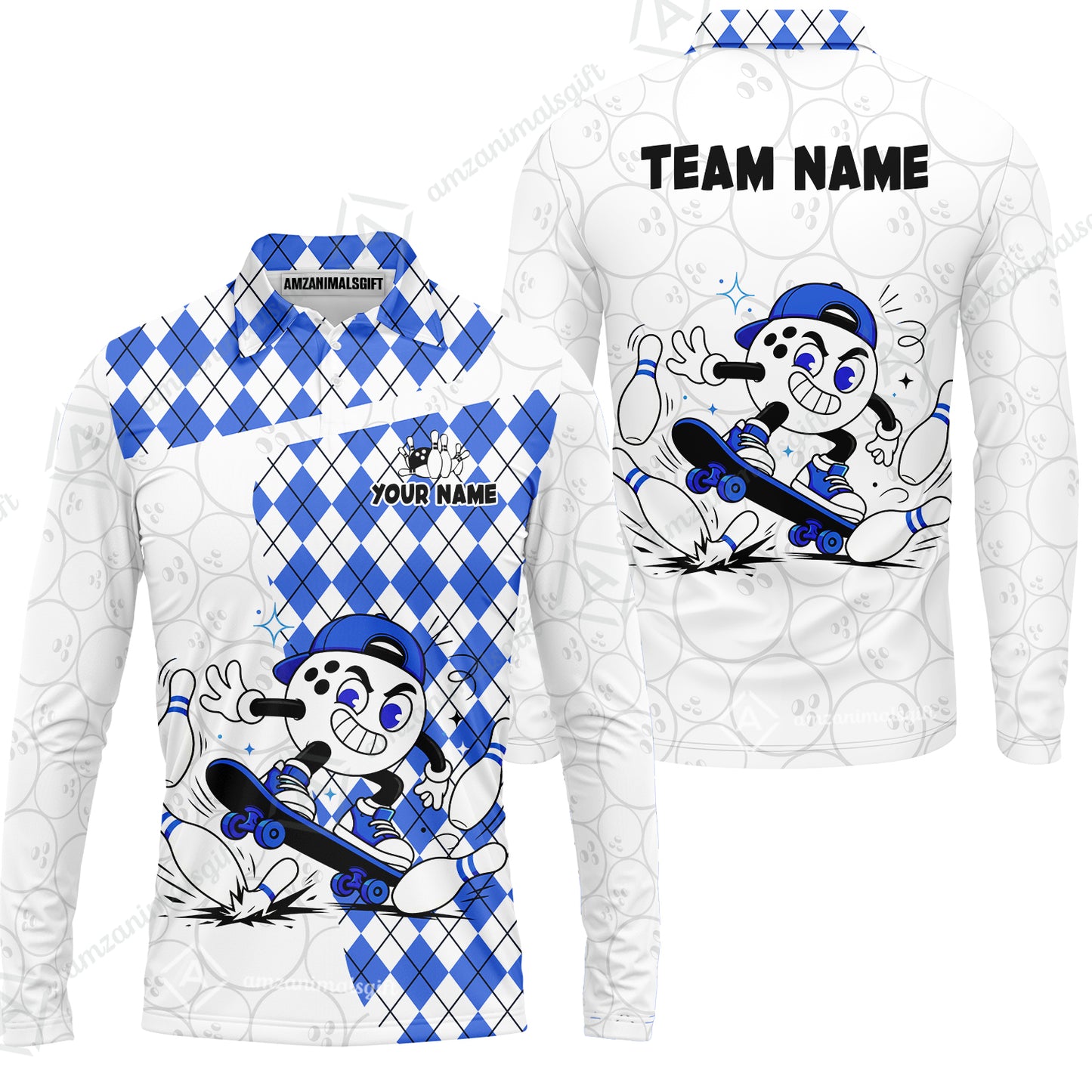 Custom Bowling Jersey Polo Shirt, Skateboarder Bowling Ball Mascot, Custom Bowling Jersey Team Shirt For Players With Name and Team Name