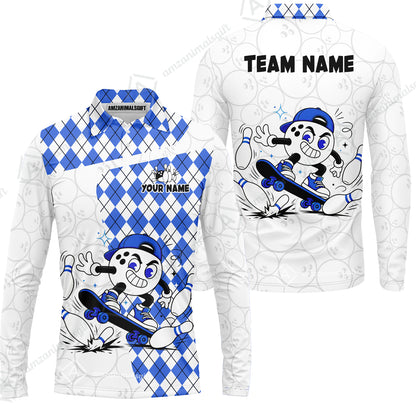 Custom Bowling Jersey Polo Shirt, Skateboarder Bowling Ball Mascot, Custom Bowling Jersey Team Shirt For Players With Name and Team Name