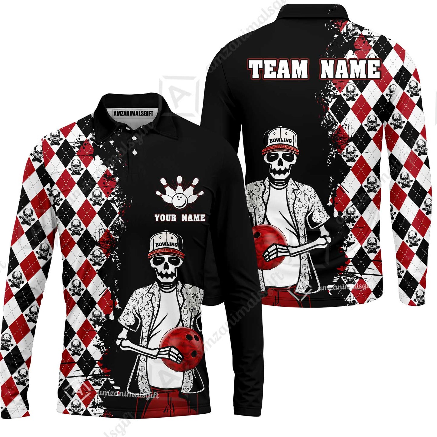 Bowling Custom Long Sleeve Polo Shirt - Custom Name Skull Men, Argyle Bowling Pattern Personalized Bowling Polo Shirt - Perfect Gift For Friend, Family