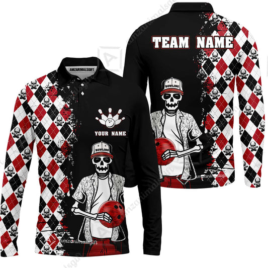 Bowling Custom Long Sleeve Polo Shirt - Custom Name Skull Men, Argyle Bowling Pattern Personalized Bowling Polo Shirt - Perfect Gift For Friend, Family