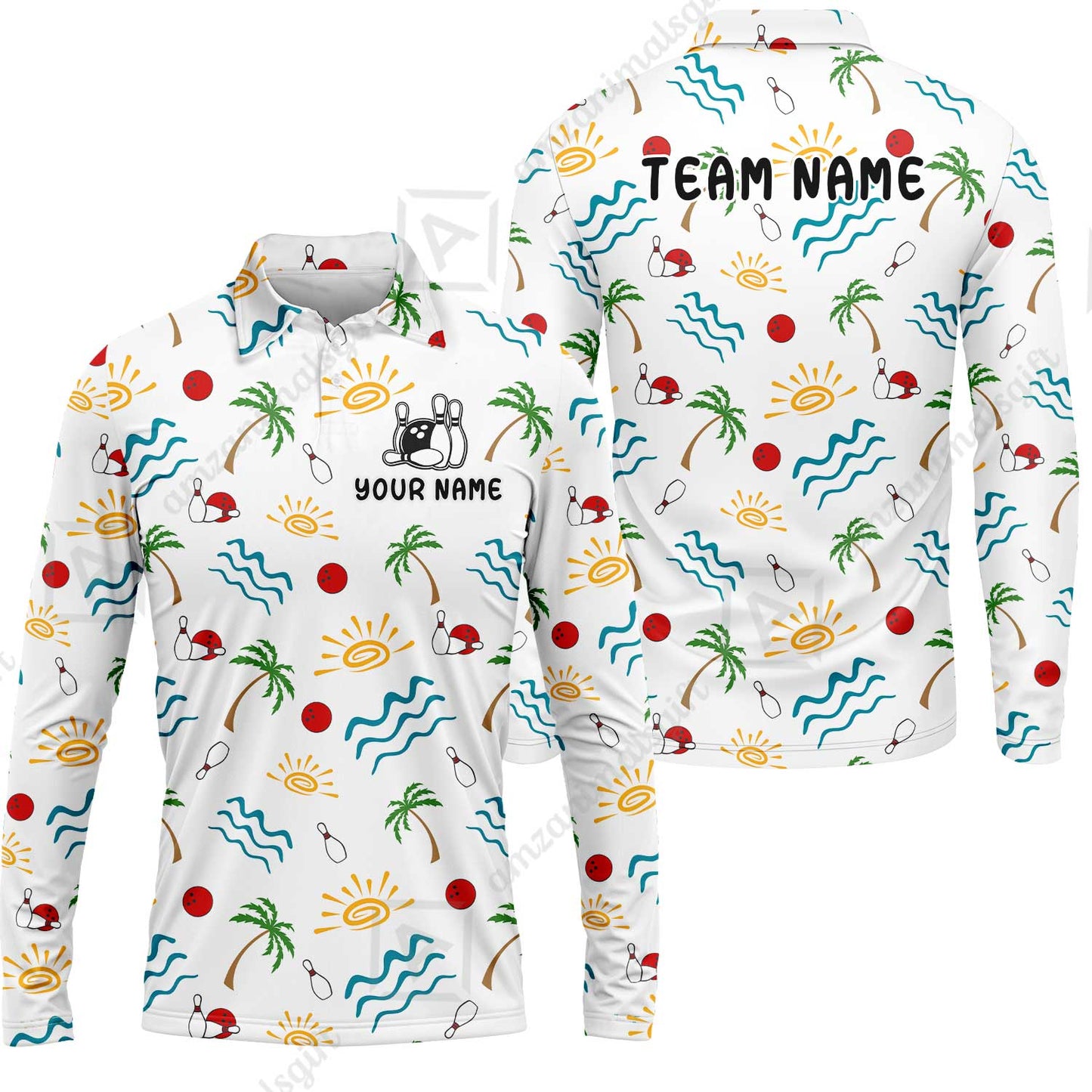 Custom Bowling Jersey Polo Shirt, Tropical Hand-Drawn Summer Doodle, Custom Bowling Jersey Team Shirt For Players With Name and Team Name
