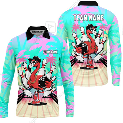 Custom Bowling Jersey Polo Shirt, Sunset Lanes Flamingo, Custom Bowling Jersey Team Shirt For Players With Name and Team Name