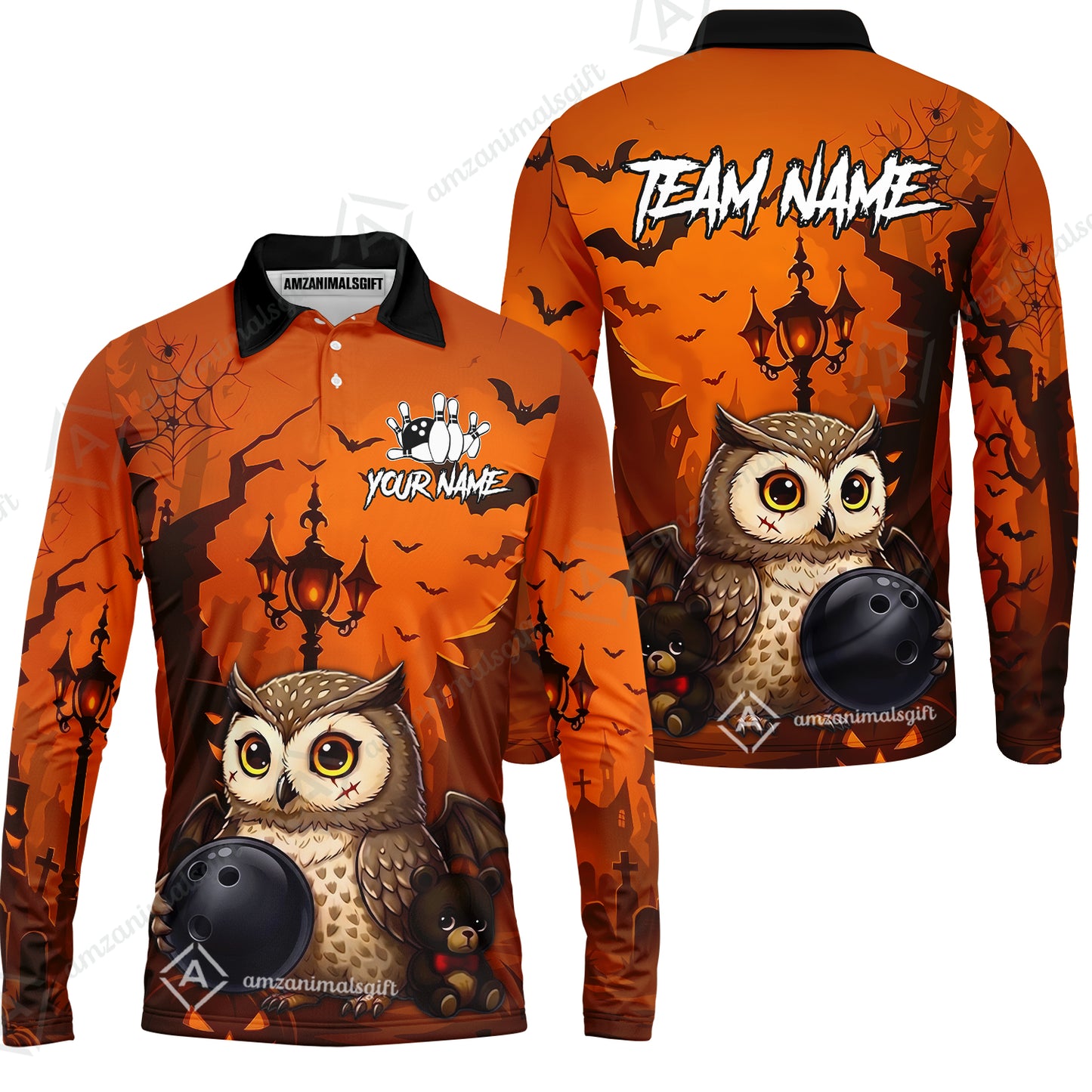 Custom Bowling Jersey Polo Shirt, Owl In Halloween, Personalized Name And Team Name
