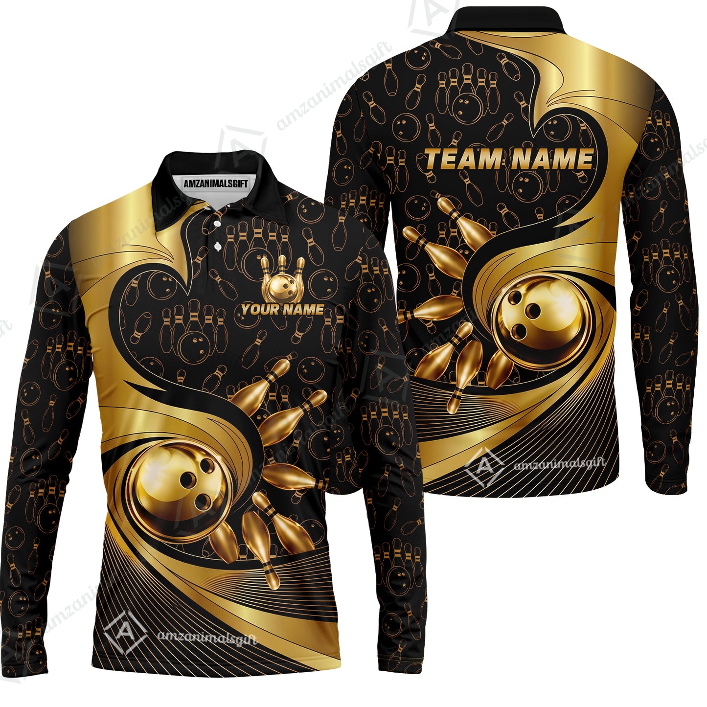 Custom Bowling Jersey Polo Shirt, Bowling Gold Swirling Pattern, Personalize Name and Team Name