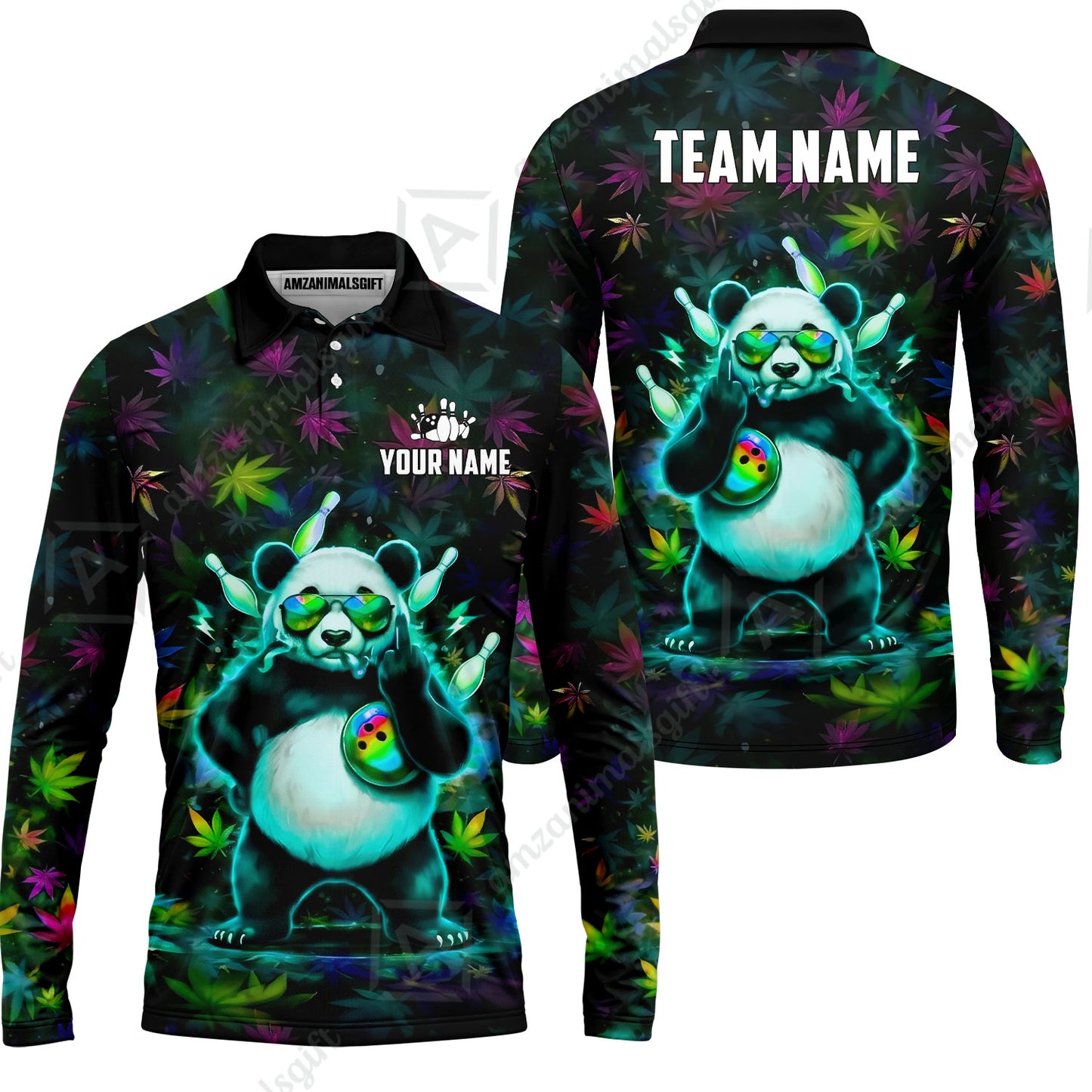 Custom Bowling Jersey Polo Shirt, Badass Stoner Panda & Psychedelic Leaves, Custom Bowling Jersey Team Shirt For Players With Name & Team Name
