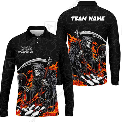 Custom Bowling Jersey Polo Shirt, Grim Reaper Holding Ball, Personalize Name and Team Name