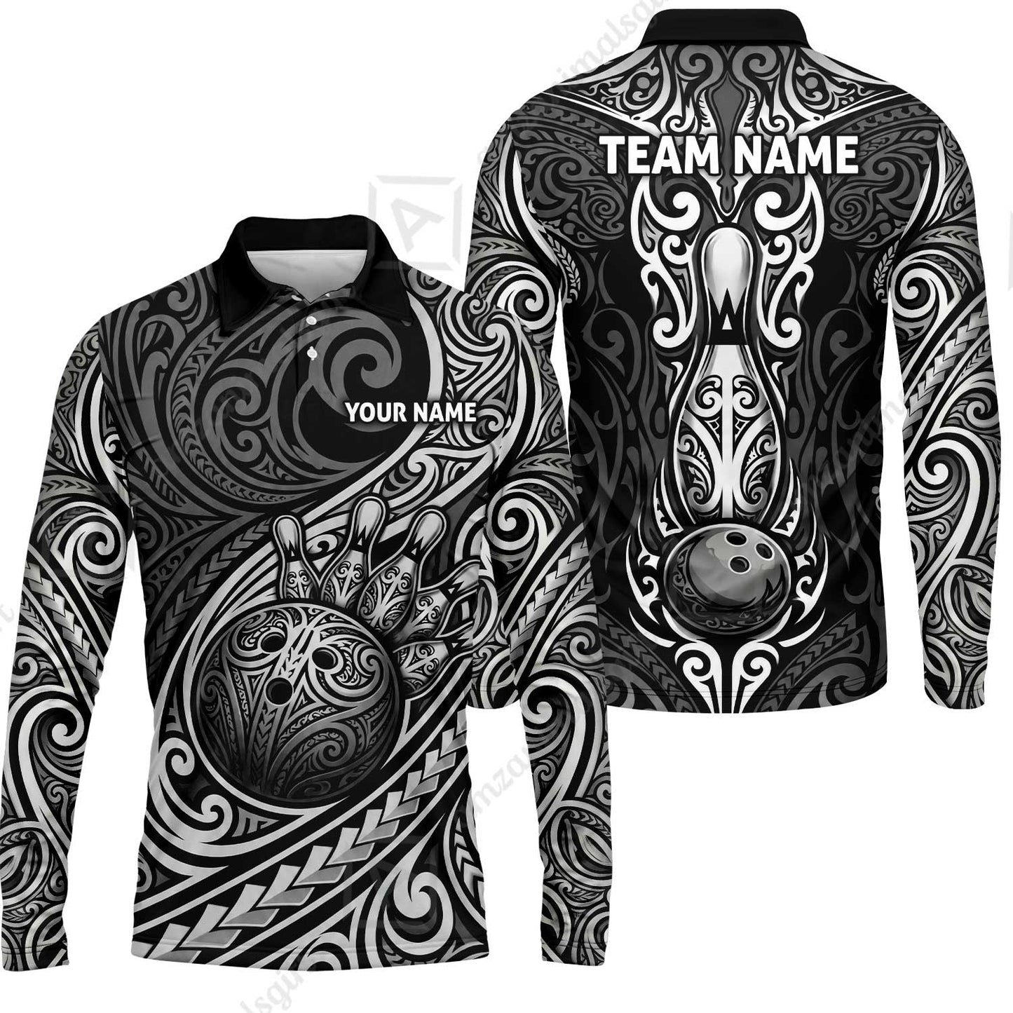 Custom Bowling Jersey Polo Shirt, Intricate Monochrome Tribal Spirit Bowling, Custom Bowling Jersey Team Shirt For Players With Name and Team Name