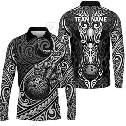 Custom Bowling Jersey Polo Shirt, Intricate Monochrome Tribal Spirit Bowling, Custom Bowling Jersey Team Shirt For Players With Name and Team Name