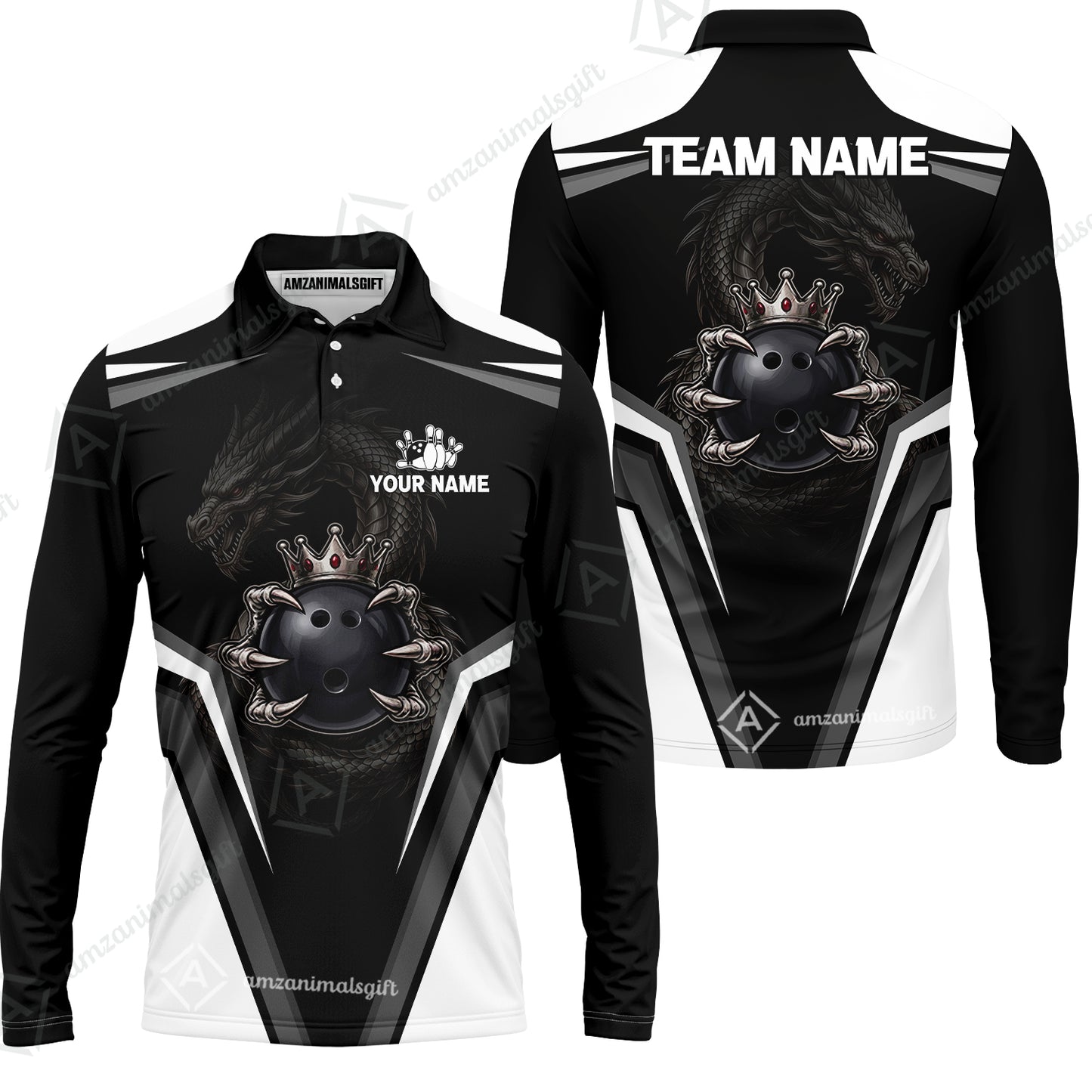 Custom Bowling Jersey Polo Shirt, Gothic Dark Dragon Royal Crown, Custom Bowling Jersey Team Shirt For Players With Name and Team Name