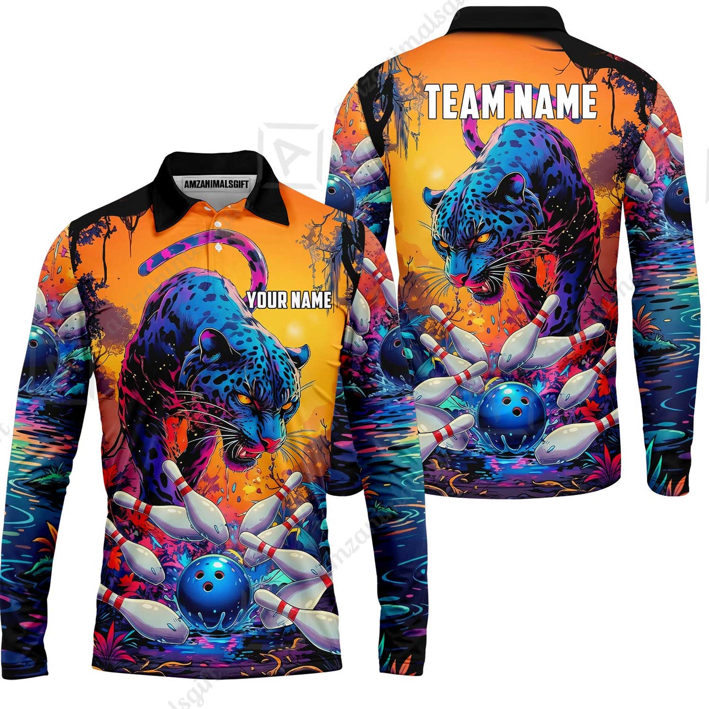 Custom Bowling Jersey Polo Shirt, Psychedelic Neon Jungle Jaguar, Custom Bowling Jersey Team Shirt For Players With Name and Team Name