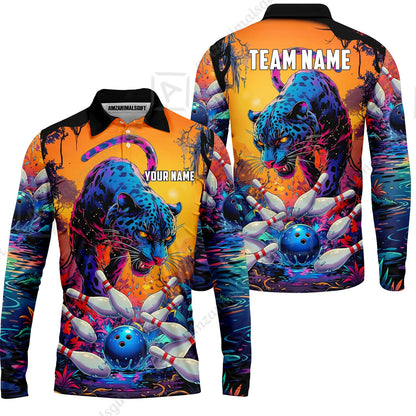 Custom Bowling Jersey Polo Shirt, Psychedelic Neon Jungle Jaguar, Custom Bowling Jersey Team Shirt For Players With Name and Team Name