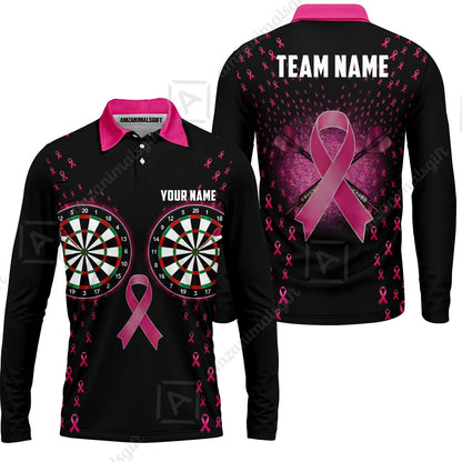 Custom Darts Team Jersey, Personalized Pink Ribbon Darts Polo Shirt For Players With Name & Team Name