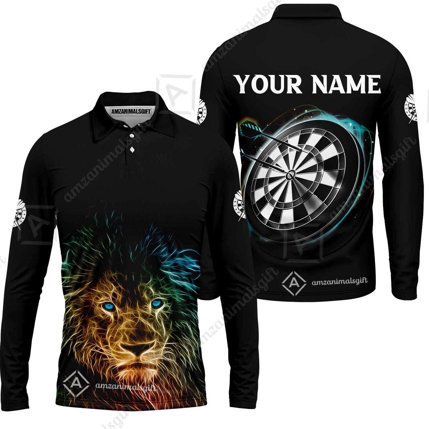 Customized Name Darts Polo Shirt, Blue Bullseye Dartboard Personalized Lion And Darts Polo Shirt
