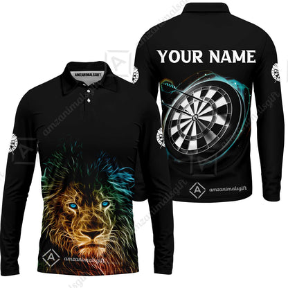 Customized Name Darts Polo Shirt, Blue Bullseye Dartboard Personalized Lion And Darts Polo Shirt