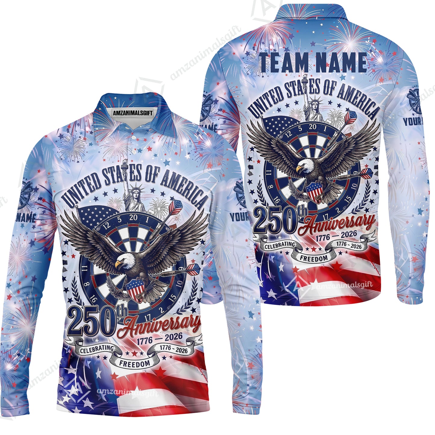 Custom Bowling Jersey Polo Shirt, 250 Years Anniversary USA, Personalize Name and Team Name