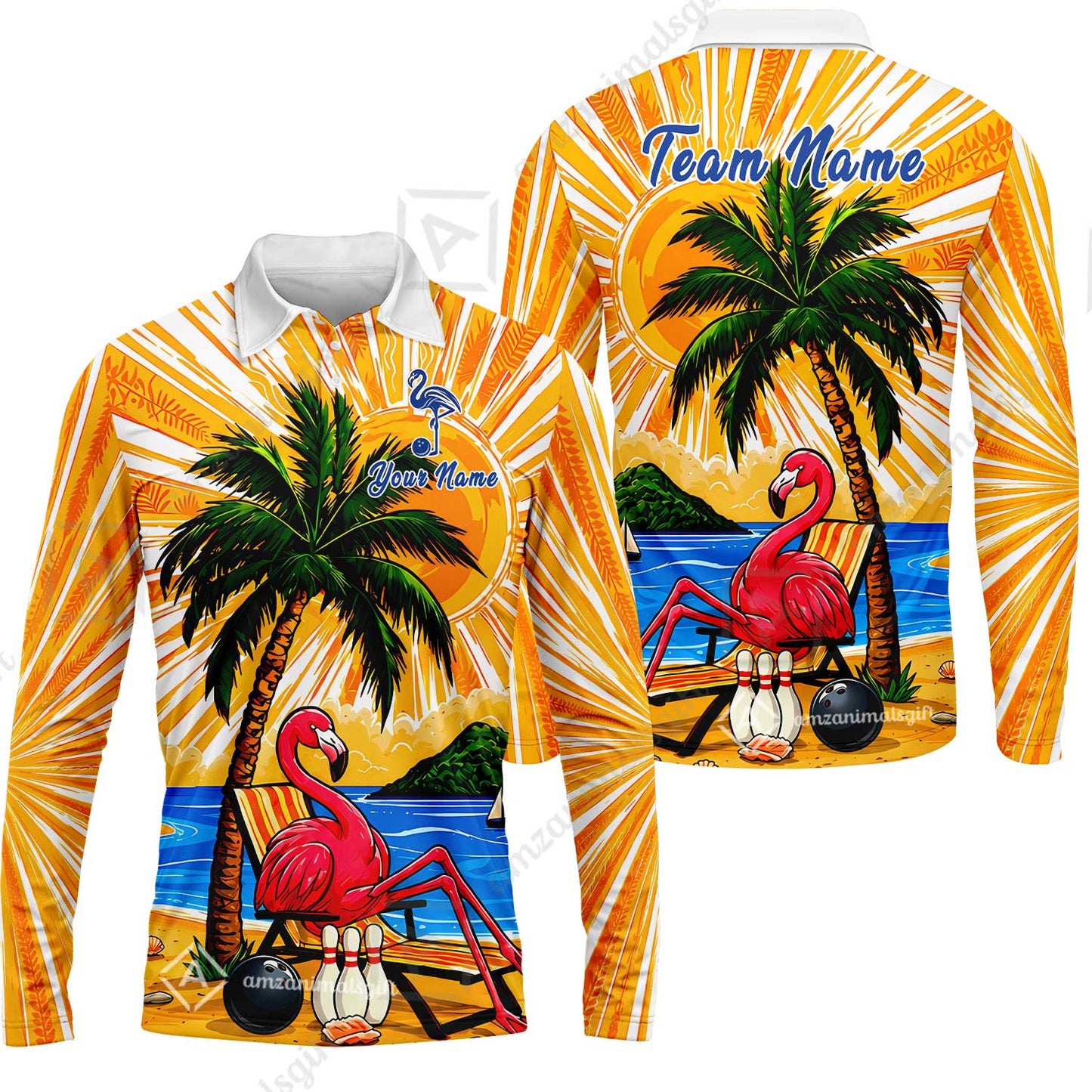 Custom Bowling Jersey Polo Shirt, Flamingo Aloha, Custom Bowling Jersey Team Shirt For Players With Name and Team Name
