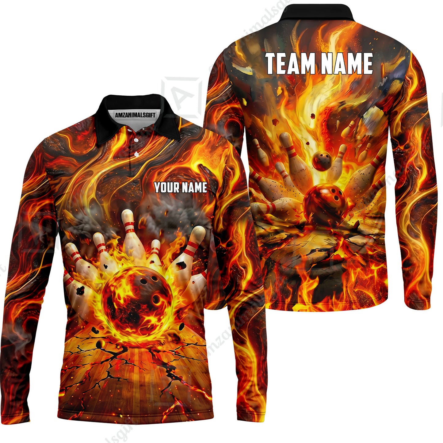 Custom Bowling Jersey Polo Shirt, Fiery Inferno Strike, Custom Bowling Jersey Team Shirt For Players With Name and Team Name