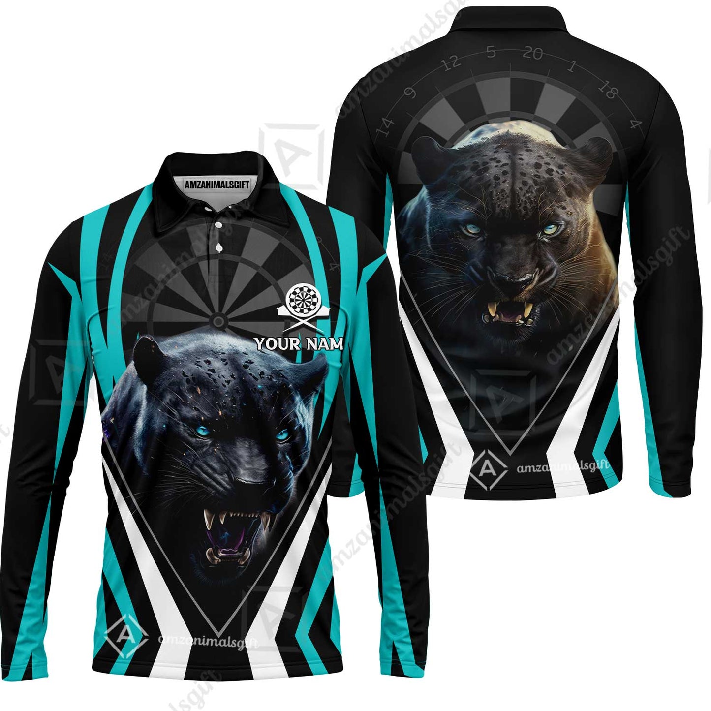 Black Panther And Darts Custom Name Men's Long Sleeve Polo Shirt, Bullseye Dartboard Personalized Long Sleeve Polo Shirt Gift For Darts Lovers, Friends