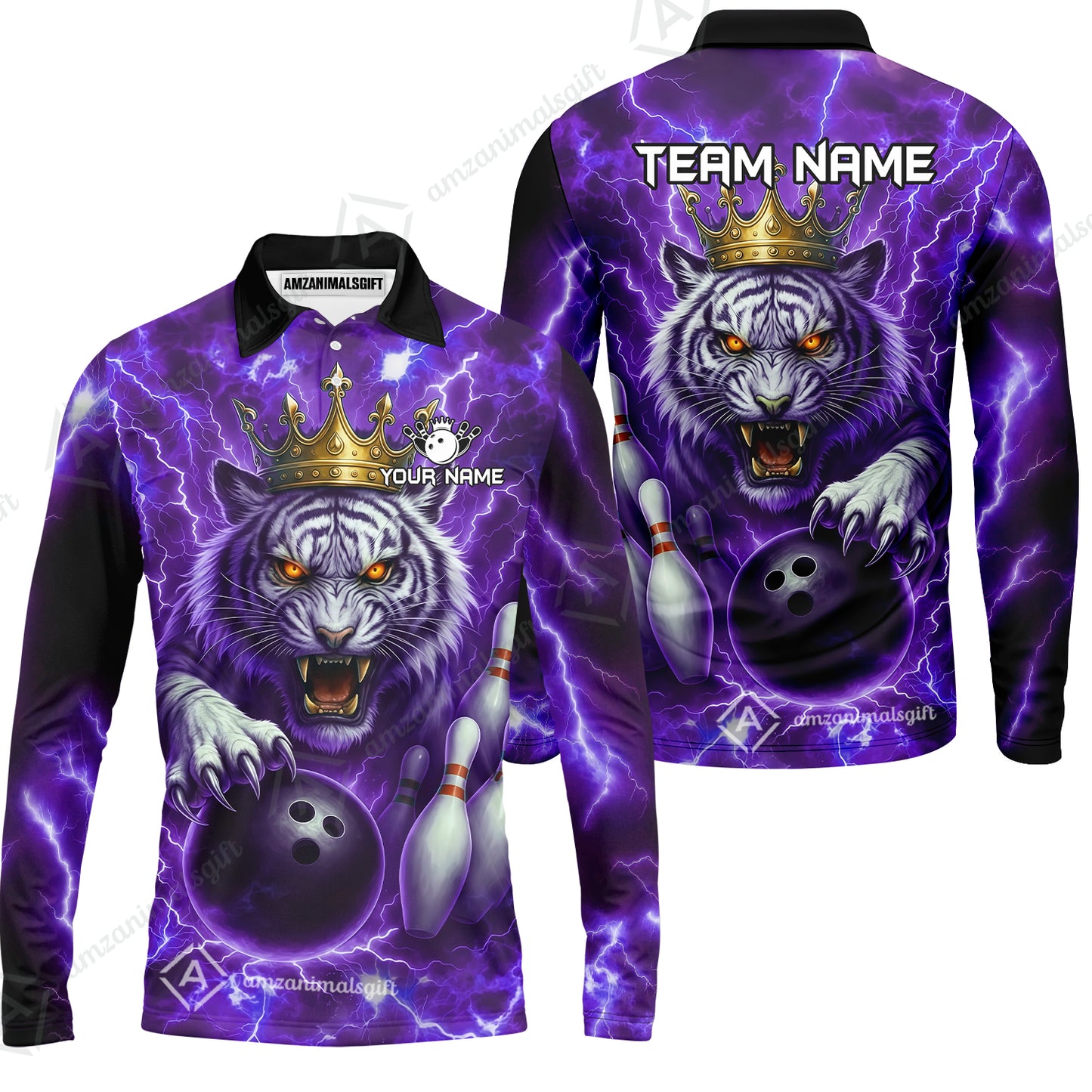 Custom Bowling Team Quarter-Zip Polo Shirt, Bowling White Tiger Lighting Shirt, Personalized Team Shirt with Custom Name