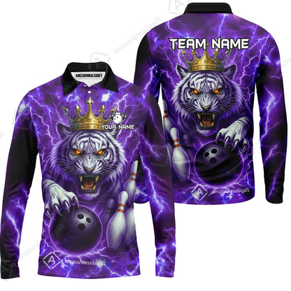 Custom Bowling Team Quarter-Zip Polo Shirt, Bowling White Tiger Lighting Shirt, Personalized Team Shirt with Custom Name
