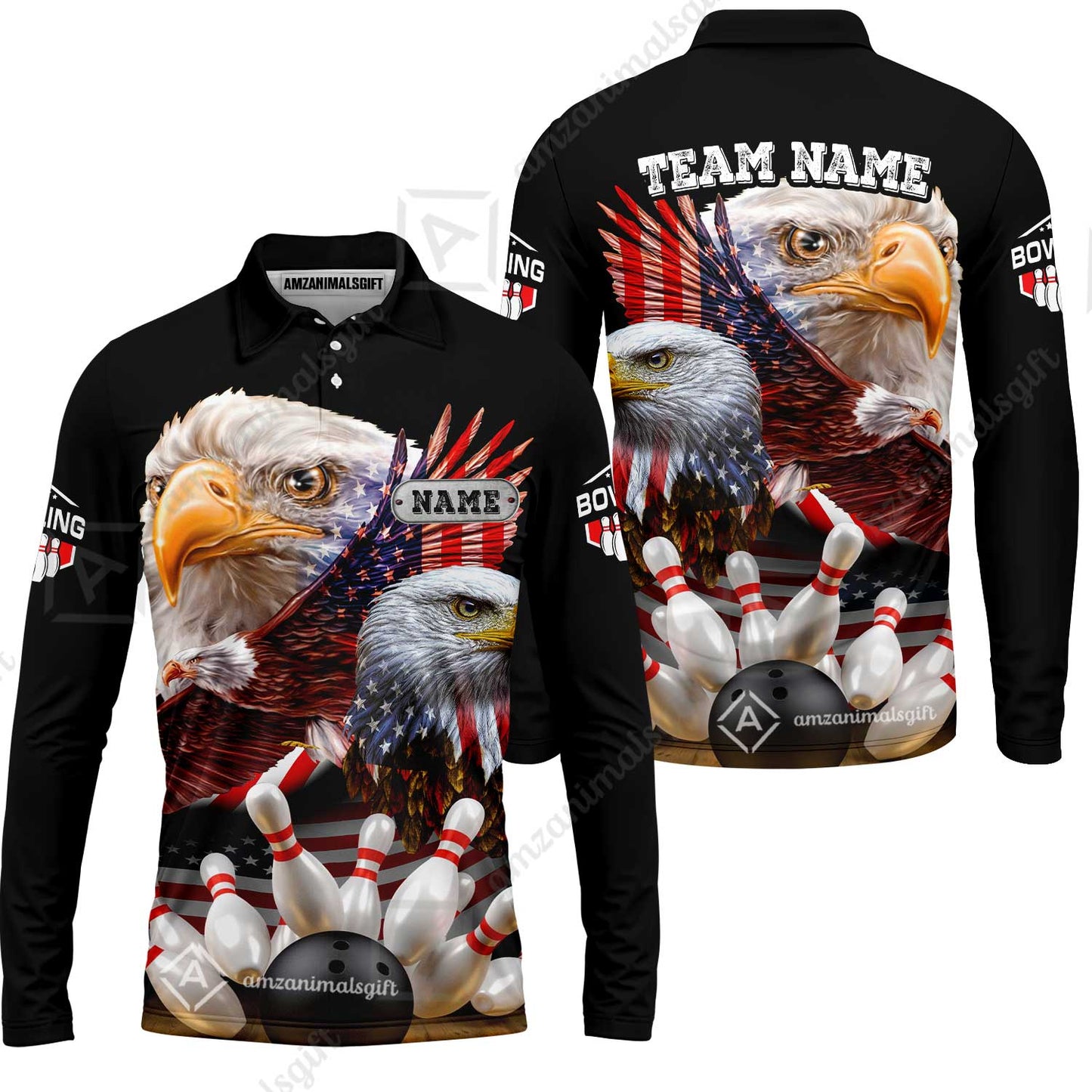 Customized Bowling Polo, Bowling And Pins American Eagles Pride Customized Name And Team Name And Team Zipper Polo Jerseys Shirts