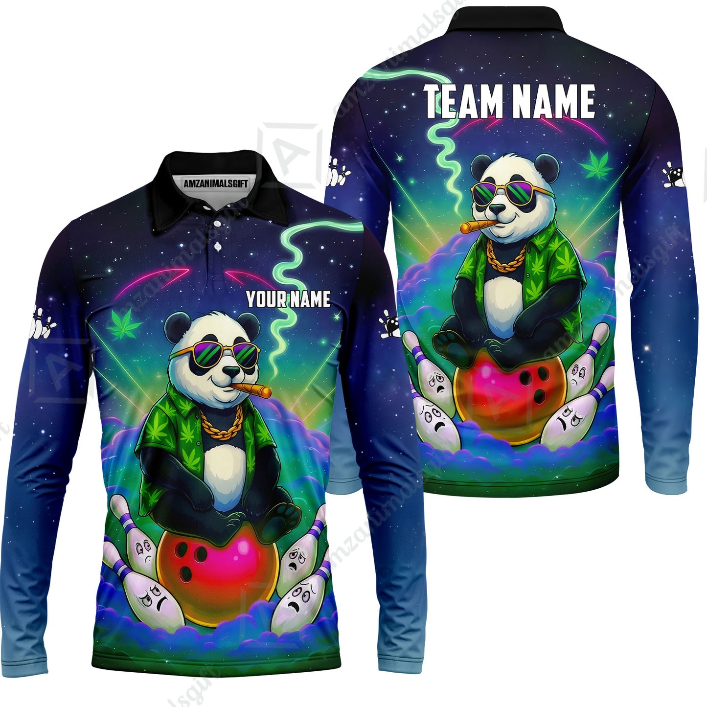 Custom Bowling Jersey Polo Shirt, Chill Panda & Cosmic Vibe, Custom Bowling Jersey Team Shirt For Players With Name & Team Name
