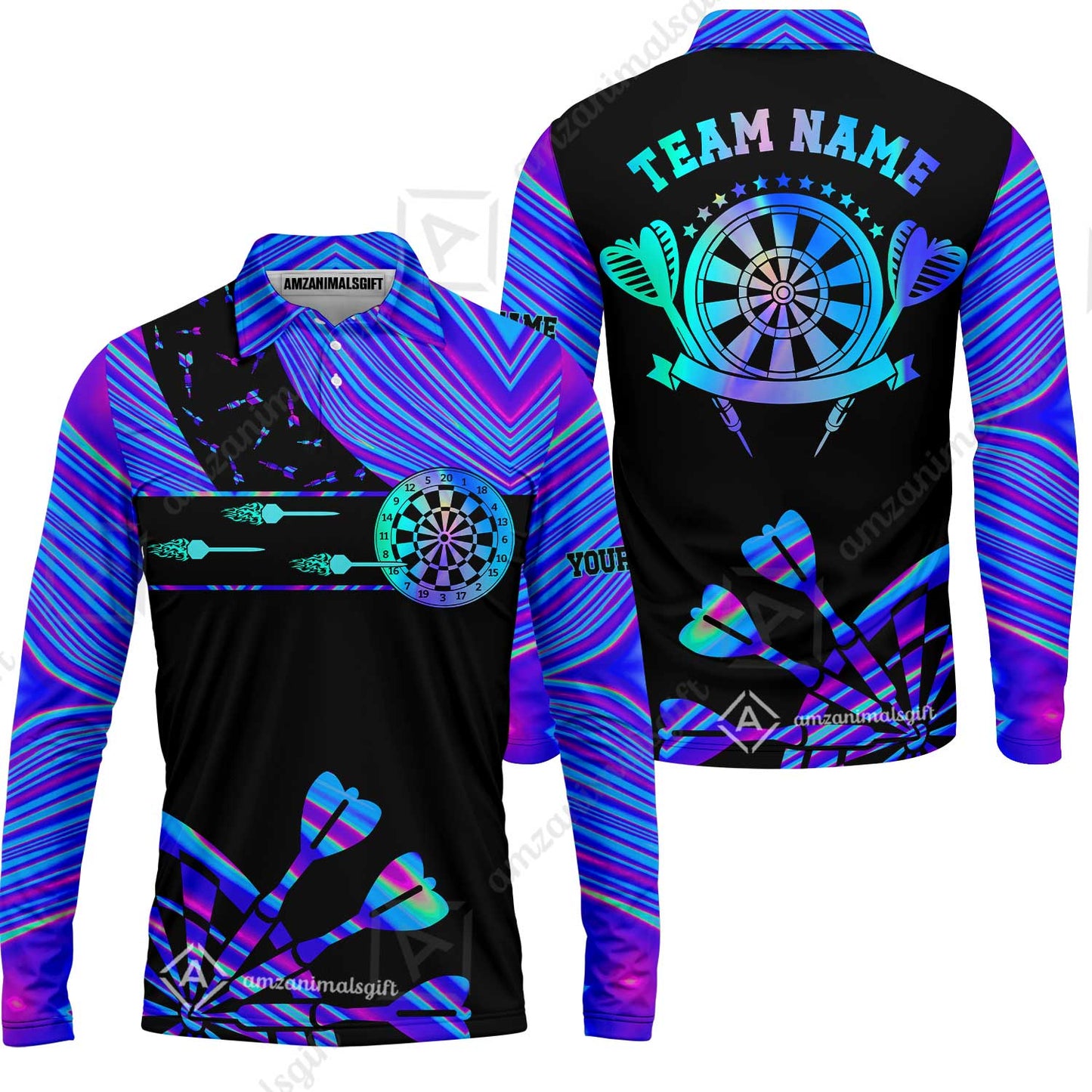 Customized Darts Polo Shirt, Neon Dartboard Darts Team Style Stand Collar Quater-Zip, Perfect Outfit Jersey for Darts Players