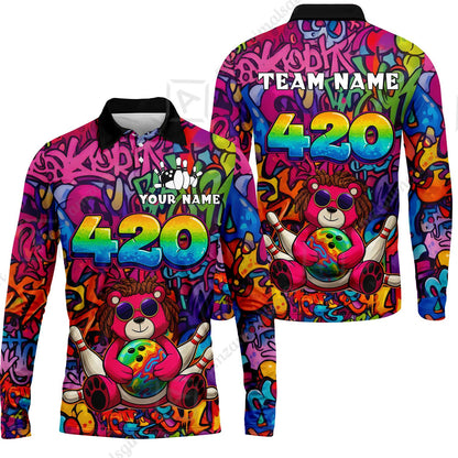 Custom Bowling Jersey Polo Shirt, 420 Graffiti Stoner Bear Colorful Street Art, Custom Bowling Jersey Team Shirt For Players With Name & Team Name