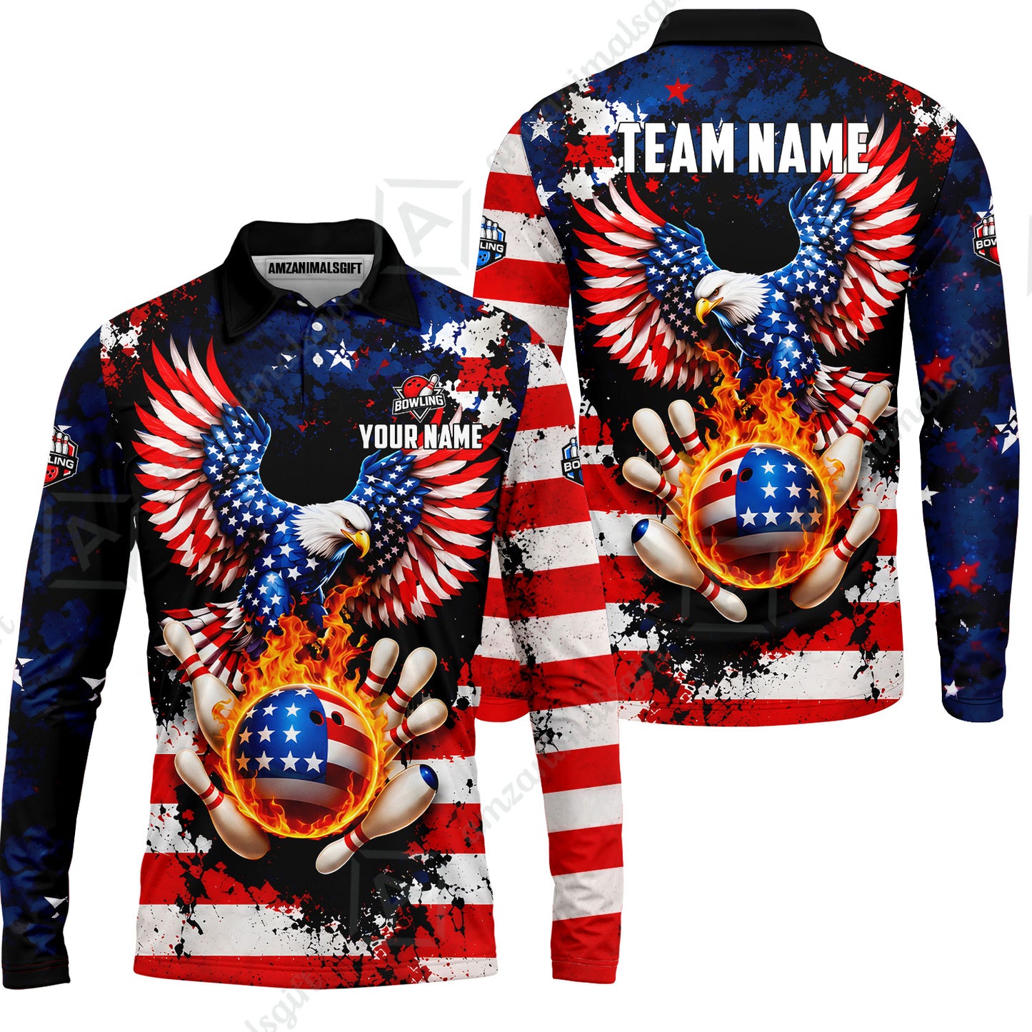 Customized USA Bald Eagle Fire Ball Bowling Jersey, Custom Name And Team Name For Bowlers